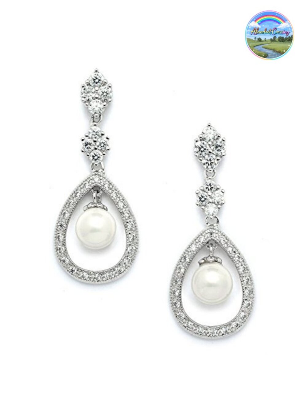 Pearl CZ Drop Dangle Wedding Earrings Platinum Plated Bridal Prom